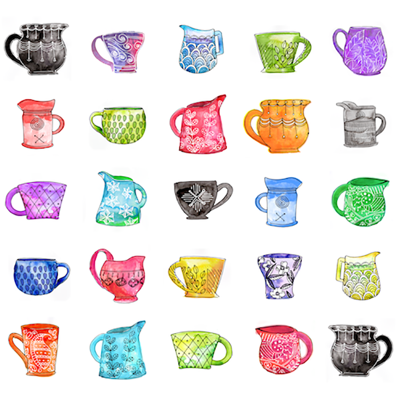 Hand inked and watercolor cup collection
