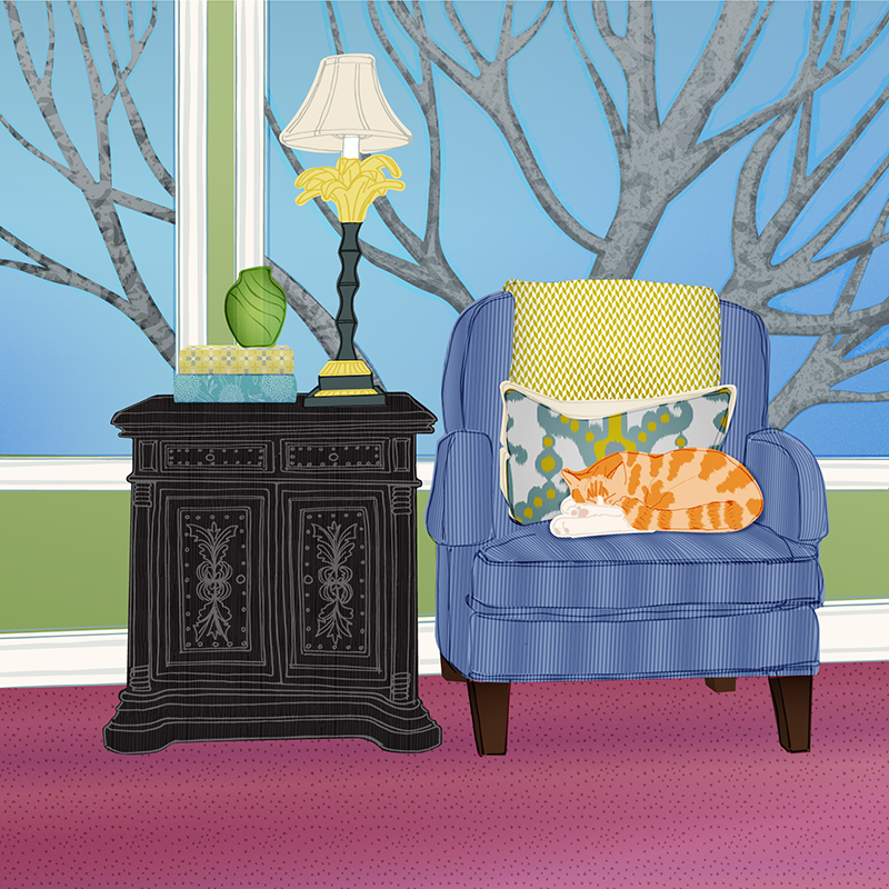 Cat and Window Interior Illustration