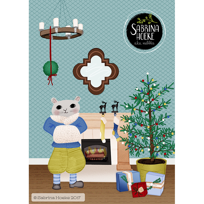 Whimsical Xmas Theme Cat Interior Illustration